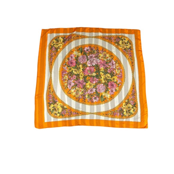 Vintage Floral Print Orange & White Striped Scarf 100% Polyester Made In Italy - Picture 1 of 5